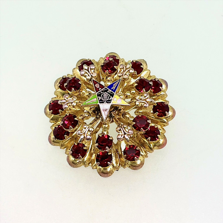 Gold-Tone Vintage Eastern Star with Red Rhinestones Brooch