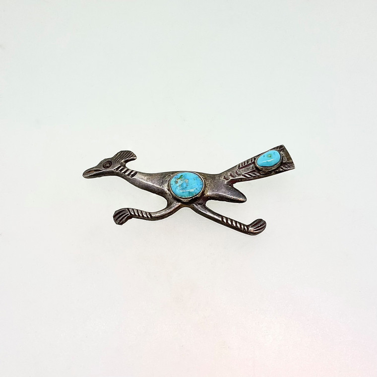 Navajo Sterling Silver Turquoise Roadrunner Brooch/ Pin