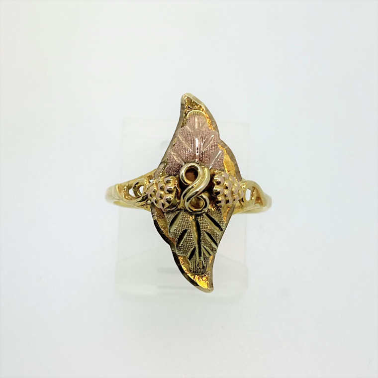 10K Black Hills Gold Vertical Pink and Gold Leaves Ring Size 6