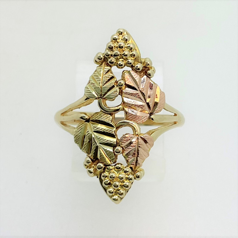 10K Black Hills Gold Coleman Co Vertical Pink and Gold Leaves Ring Size 8.75