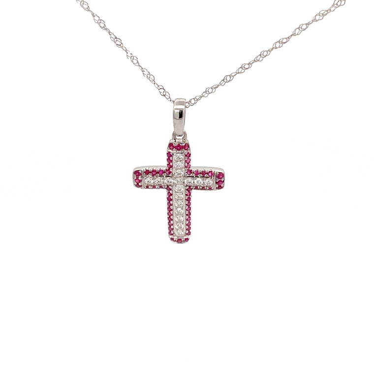 14K White Gold Brilliant Diamond and Ruby Cross Pendant Necklace