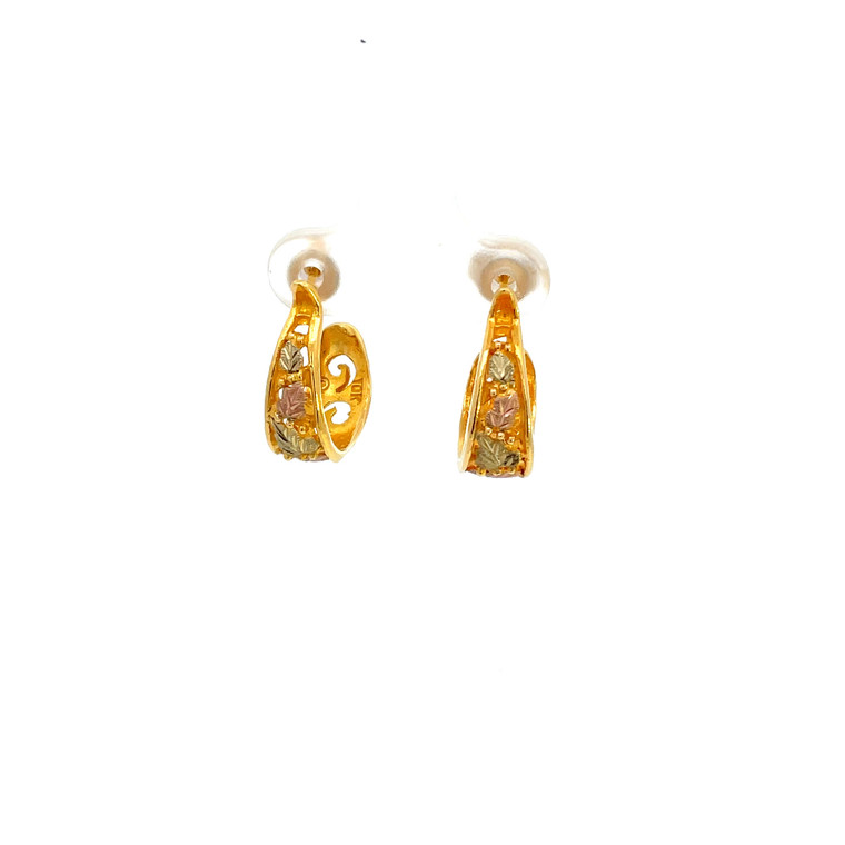 10K Black Hills Gold Pink and Gold Leaves Hoop Earrings