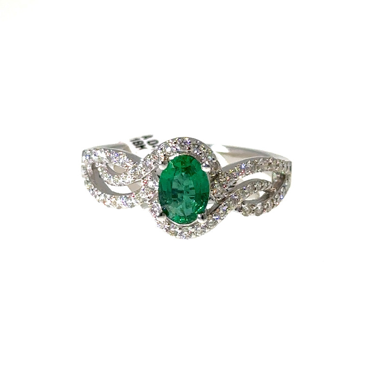 18K White Gold Oval Emerald and .50 TDW Diamond Swirl Ring Size 7.25