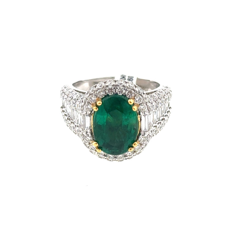 14K White Gold  3.7 KT Oval Emerald 2.24 TDW Diamond Halo Ring Size 6.5