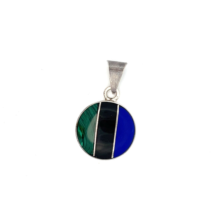 Sterling Silver Mexico Malachite, Black, Blue Stone Circle Pendant