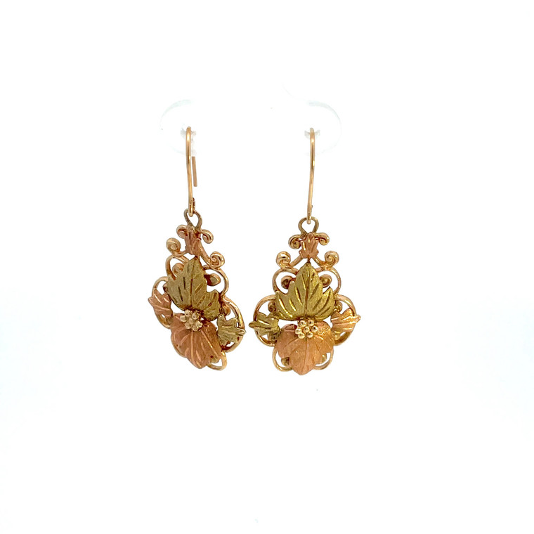 10K Black Hills Gold Pink and Gold Bordered Dangle Earrings