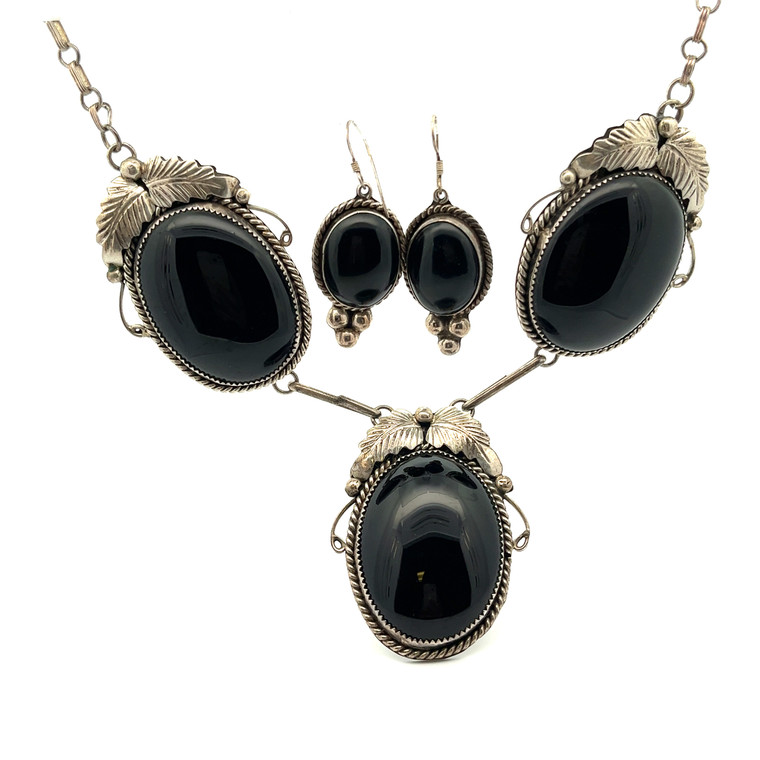 Daniel Etsitty Sterling Silver Large Black Onyx Set of Dangle Earrings & Necklace