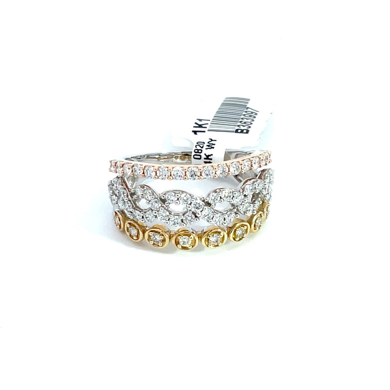 14K White Yellow and Rose Gold with .90 KT TDW Diamond Stacked Fashion Band Size 6