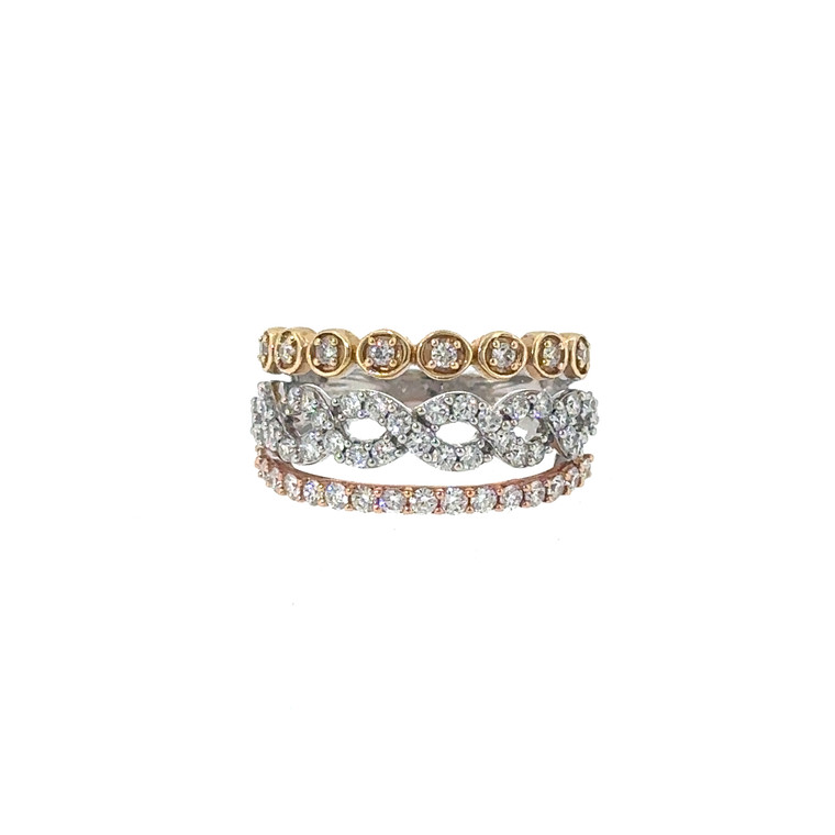 14K White Yellow and Rose Gold with .90 KT TDW Diamond Stacked Fashion Band Size 6