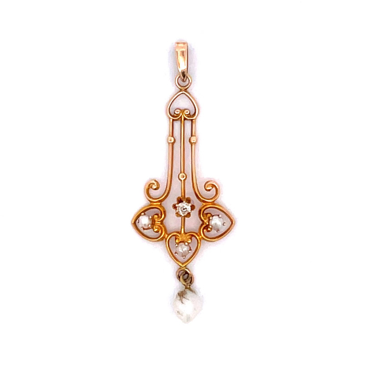 10K Gold Victorian Lavalier with Mine Cut Diamond, Freshwater Pearl, Seed Pearls