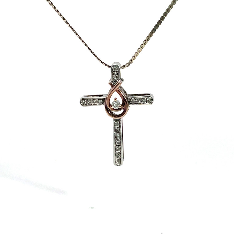 Sterling Silver 10K Diamond Fish Christian Cross Necklace