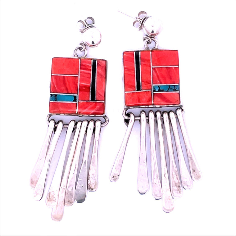 Southwest Sterling Silver with Turquoise, Coral, Spiny Oyster, Onyx  Fringe Earrings