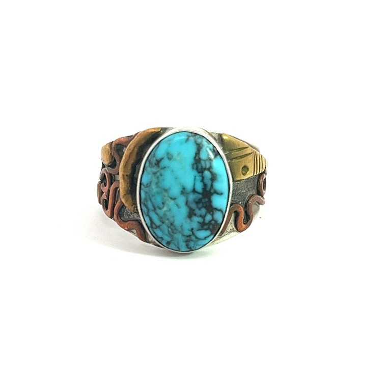 Sterling Silver With Gold & Bronze Accents Turquoise Ring Size 7