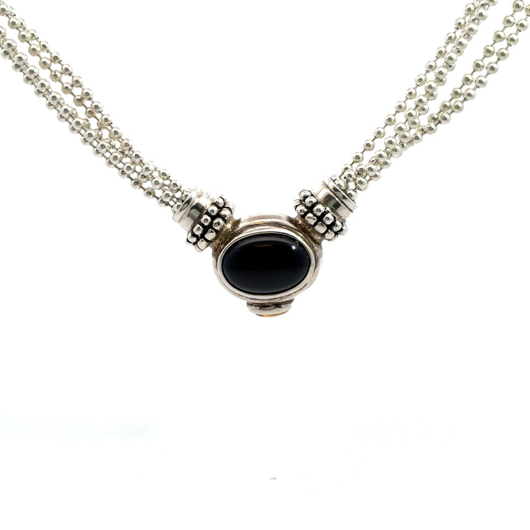 Joseph Esposito Sterling Silver Onyx Pebbled Snap Pendant 18" Necklace