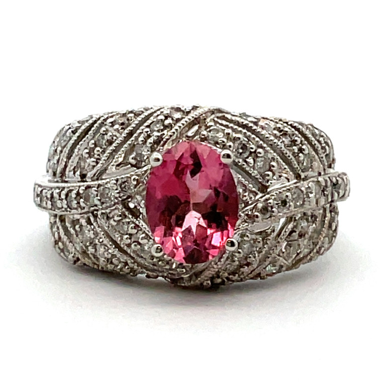 14K White Gold Oval Pink Tourmaline Diamond Cluster Ring Size 7