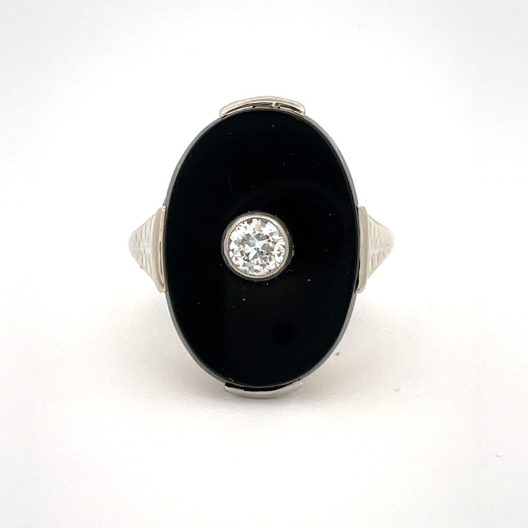 Vintage 14K 2-Tone Gold Filigree Oval Black Onyx APP 0.15ct Euro Diamond Accent Signet Ring