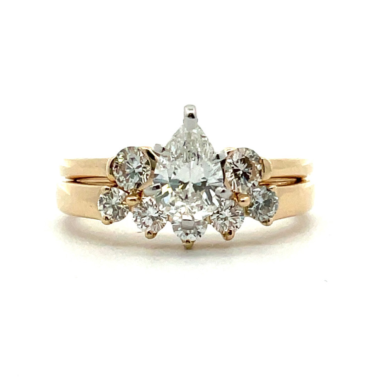 14K Y Gold 1.0ct Pear Shaped Diamond Accented Engagement Wedding Ring Set Size 6.75