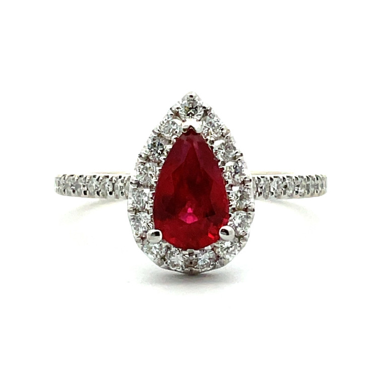 18K W Gold Pear Shaped Color Changing AA Ruby Diamond Halo Engagement Fashion Ring Size 6.5