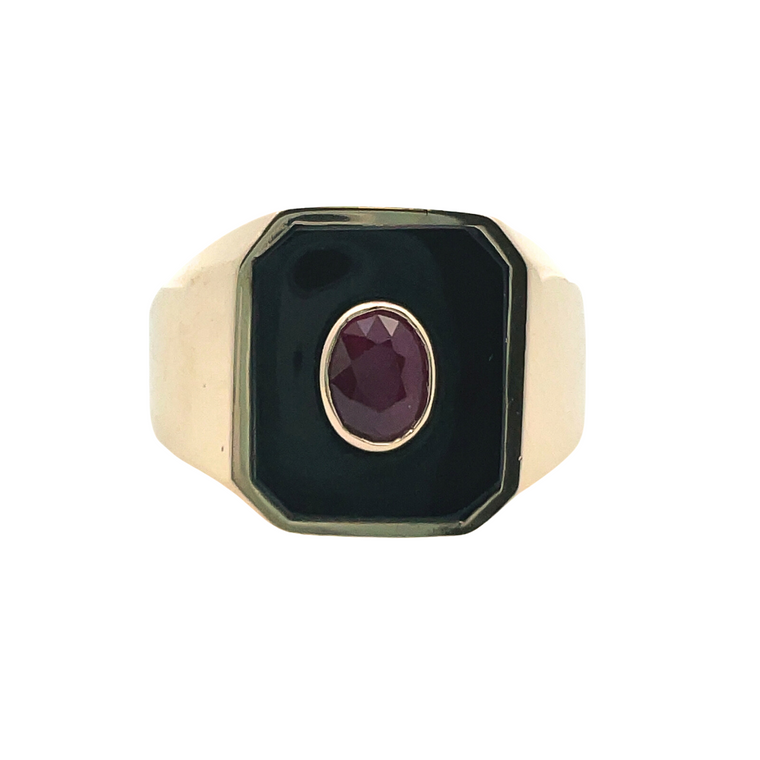14K Yellow Gold Men's Ruby and Onyx Ring Size 11.25