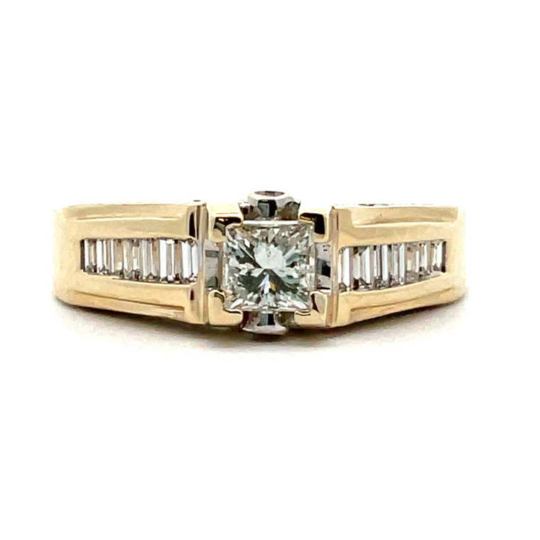 14K Yellow Gold APP .40 Ct Princess Cut Diamond With Baguette Accents Engagement Ring Size 6.5