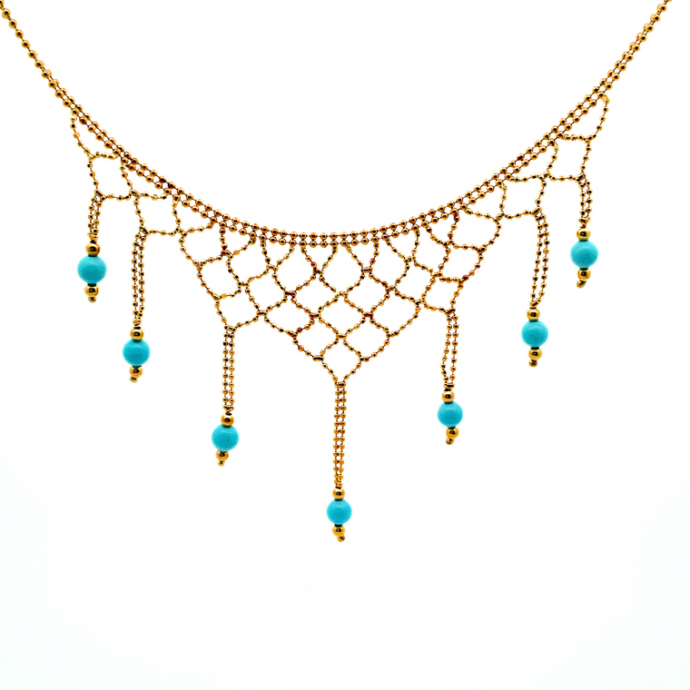 14K Yellow Gold with Turquoise Beaded Princess-Style Necklace