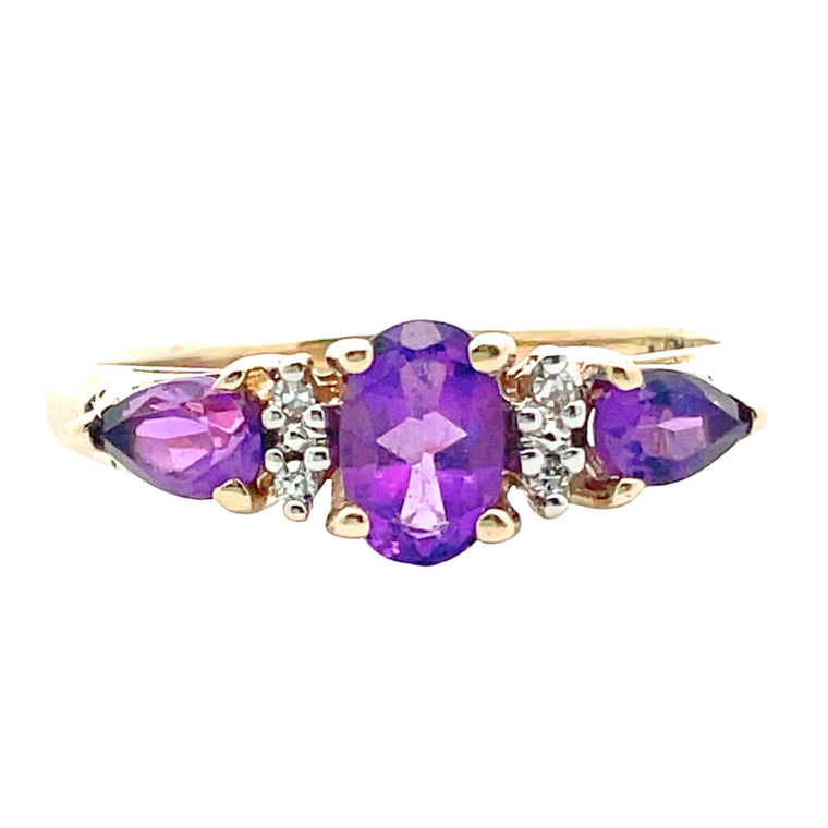10K Yellow Gold with Tri-Stone Amethyst and Diamond Ring Size 7.5
