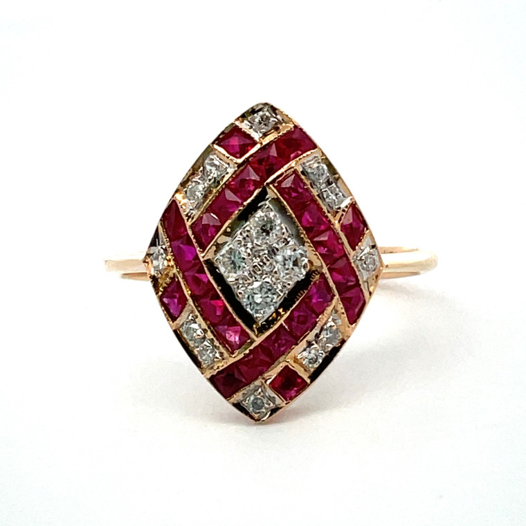 18K Yellow Gold Ruby & Diamond  APP .15 Cttw Marquise Shaped Art Deco Ring Size 7.75