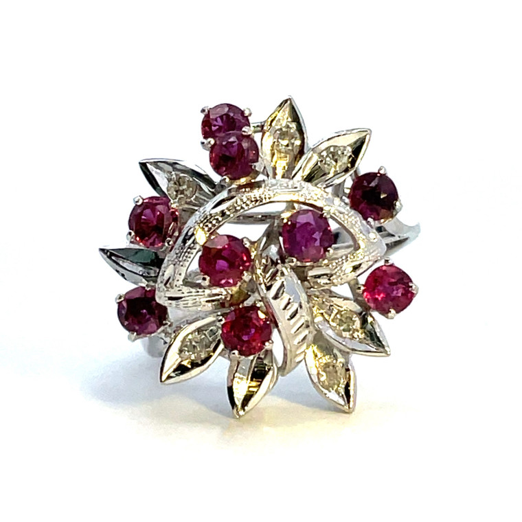 14K White Gold Red Spinel Diamond Cluster Ring Size 7.5