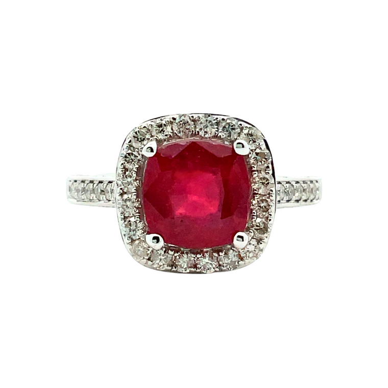 14K White Gold 2.97 ct Ruby with Diamond Halo Ring Size 7