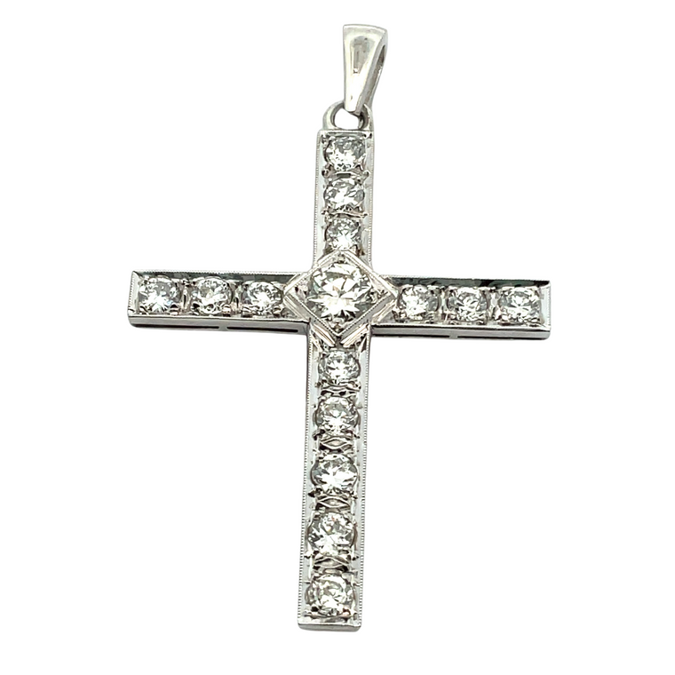 Platinum European Cut 1.50 cttw Diamond Cross Pendant