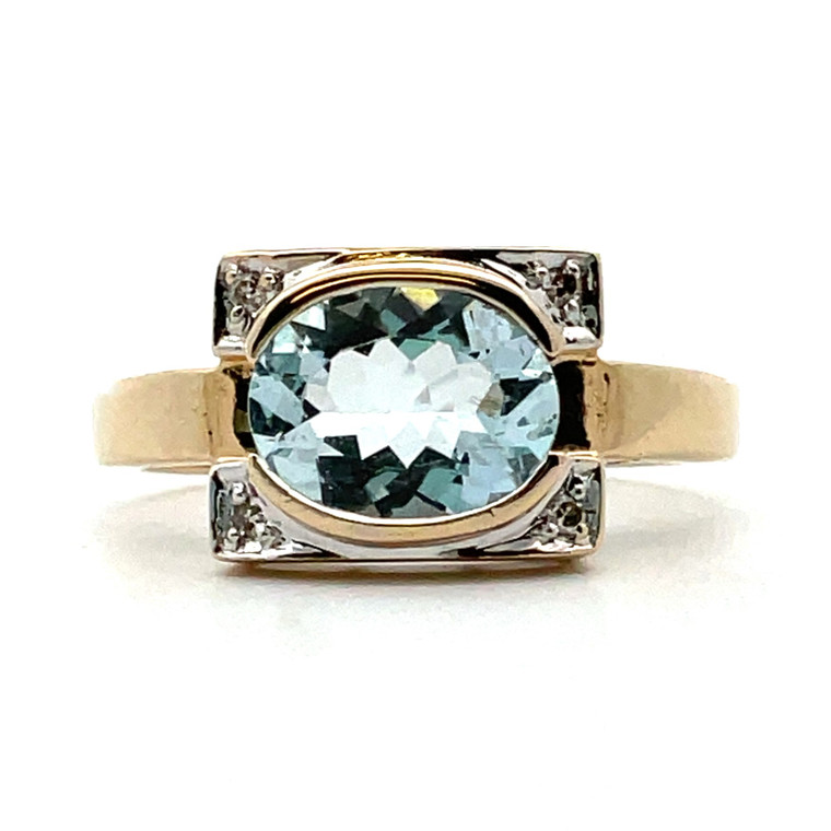 14K Y Gold Aqua Diamond Accent Bezel Setting Ring Size 7