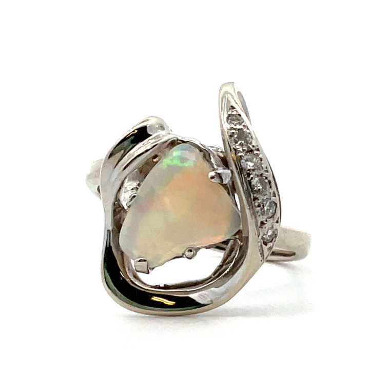 14K W Gold Opal With Diamond Accents Ring Size 6