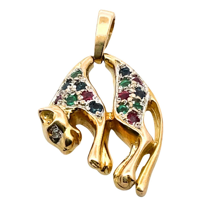 14K Yellow Gold Panther Figure w/ Ruby Sapphire  Emerald and Diamond Pendant