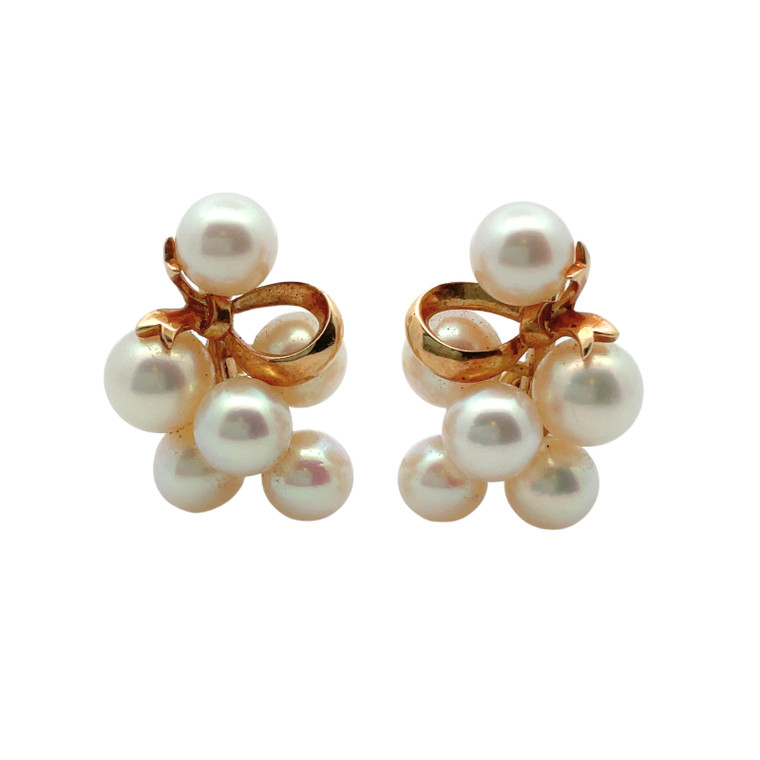 1970's Mikimoto 14K Yellow Gold Cultured Pearl Cluster Earrings