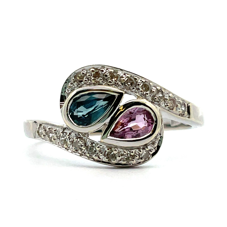 14K W Gold Pink & Blue Sapphire Diamond Accent AP 1/15TW Ring Size 6