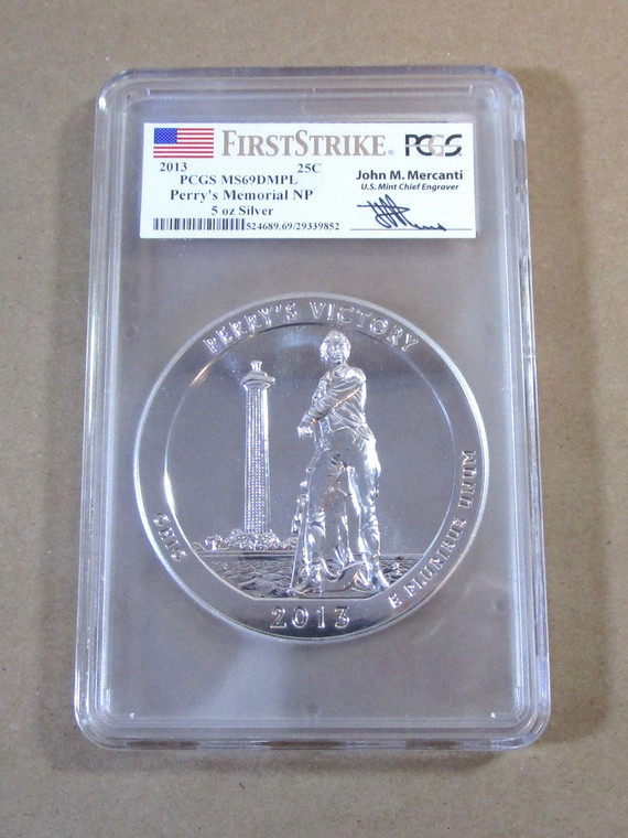 2013 PCGS MS69DMPL Perry's Memorial NP 5oz Silver First Strike Mercanti Signed (5003963 EH)