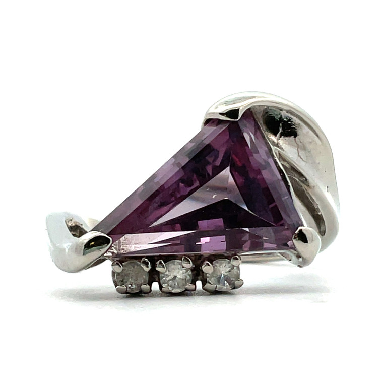 10K White Gold Synthetic Alexandrite & Clear Spinel 1950's Fancy Cut Ring Size 4.25