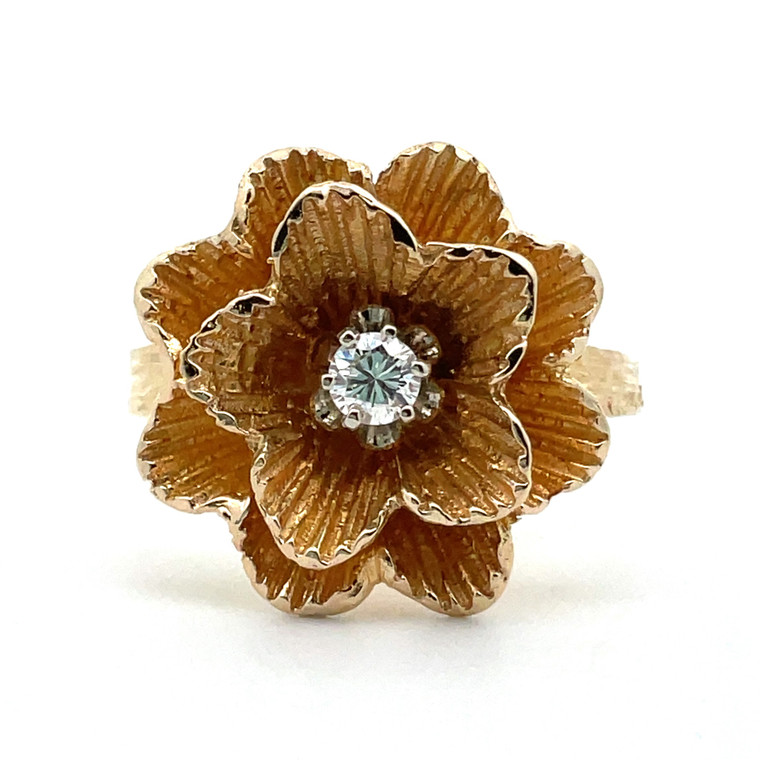 14K Y Gold Diamond AP .10ct Flower Design Textured Finish Ring Size 6.5