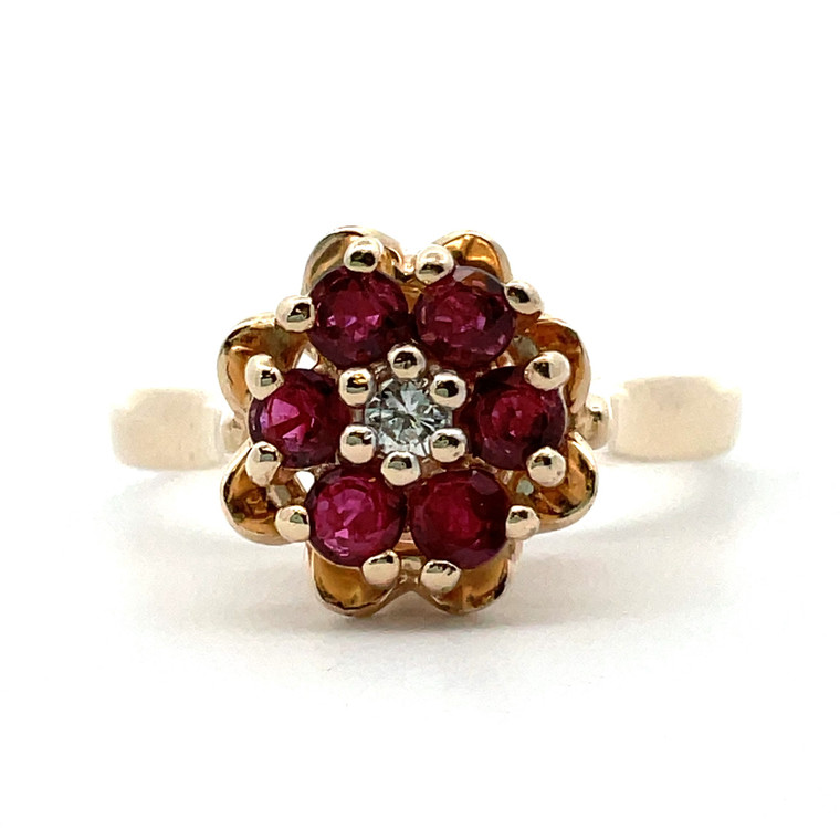 14K Yellow Gold Ruby & Diamond Flower Design Ring Size 6