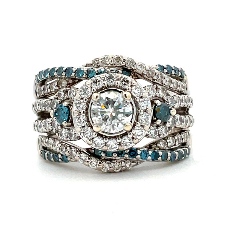 14K W Gold Dia. AP 1.5 CTTW Halo With Blue Accent Dia. Engagement Ring Size 6