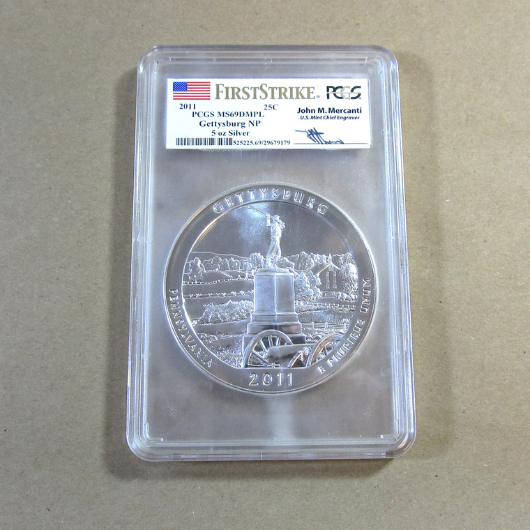 2011 PCGS MS69 Gettysburg 5oz Silver First Strike Mercanti Signed (5004026 EH)