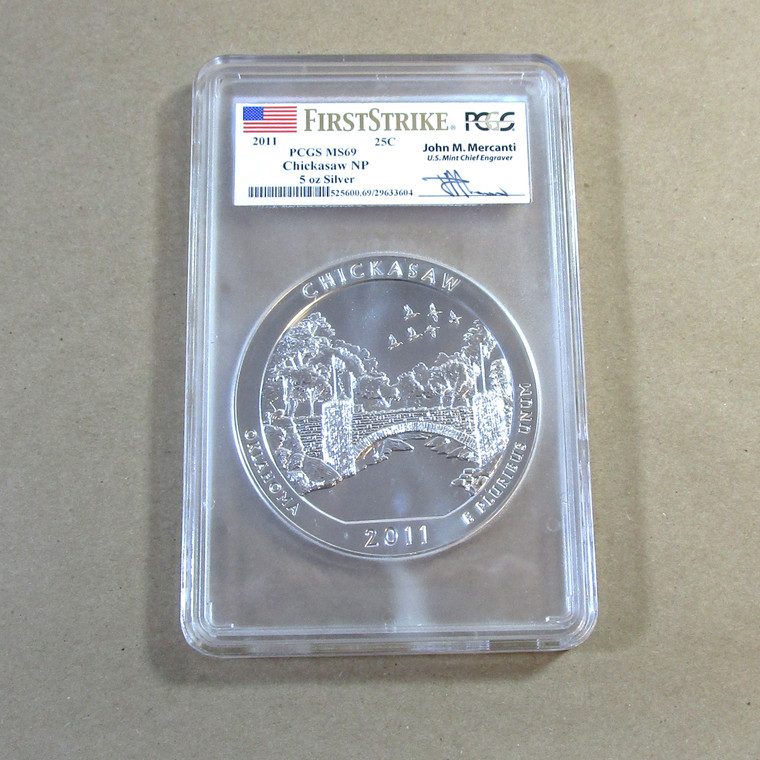 2011 PCGS MS69 Chickasaw NP 5oz Silver First Strike Mercanti Signed (5004025 EH)