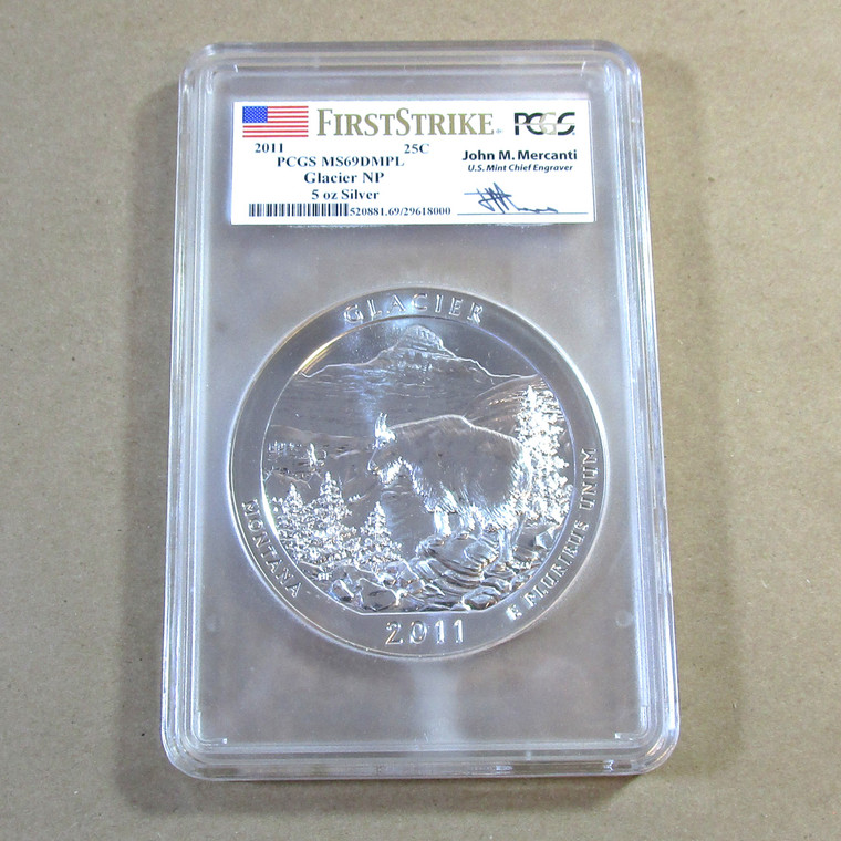 2011 PCGS MS69 Glacier NP 5oz Silver First Strike Mercanti Signed (5004028 EH)