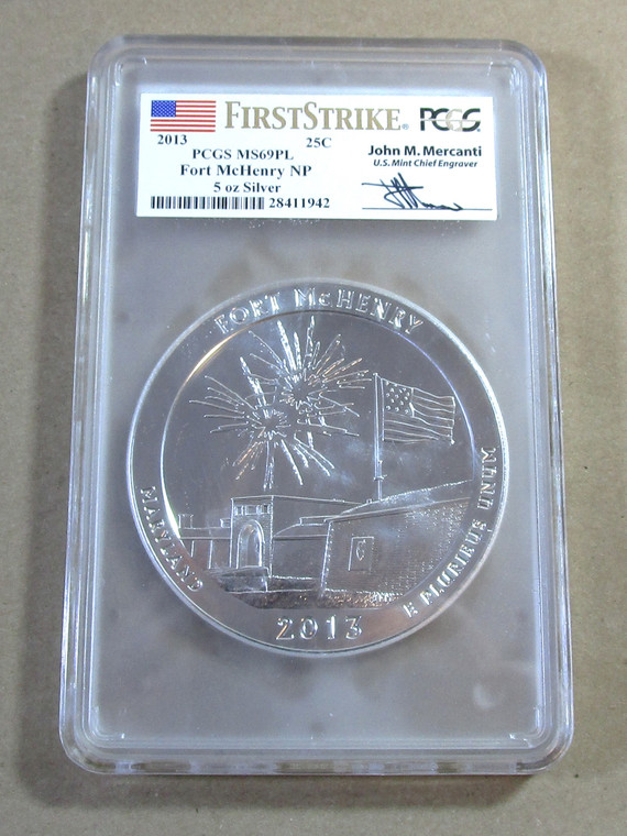 2013 PCGS MS69 Fort McHenry NP 5oz Silver First Strike Mercanti Signed