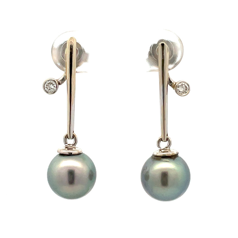 14K W Gold Tahitian 9.3 mm Pearl With Accent Diamonds Drop Earrings