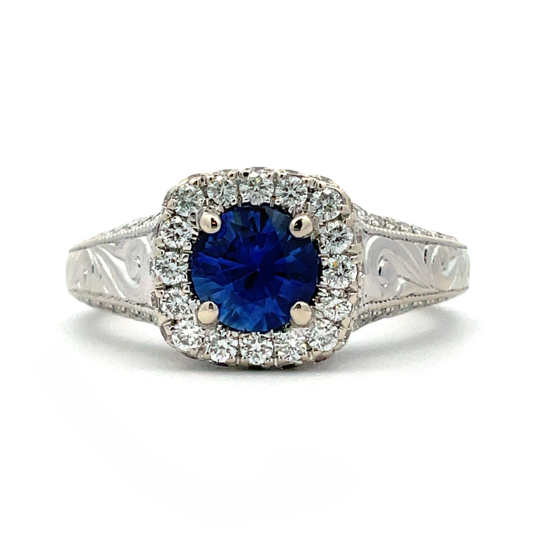 14K W Gold Sapphire AP .75 CT With Diamond Halo Accents Ring Size 5.5