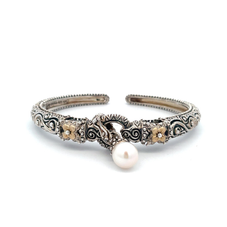 Bixby Sterling Silver with 18K Gold Accents Cultured Pearl Charm Cuff Bracelet