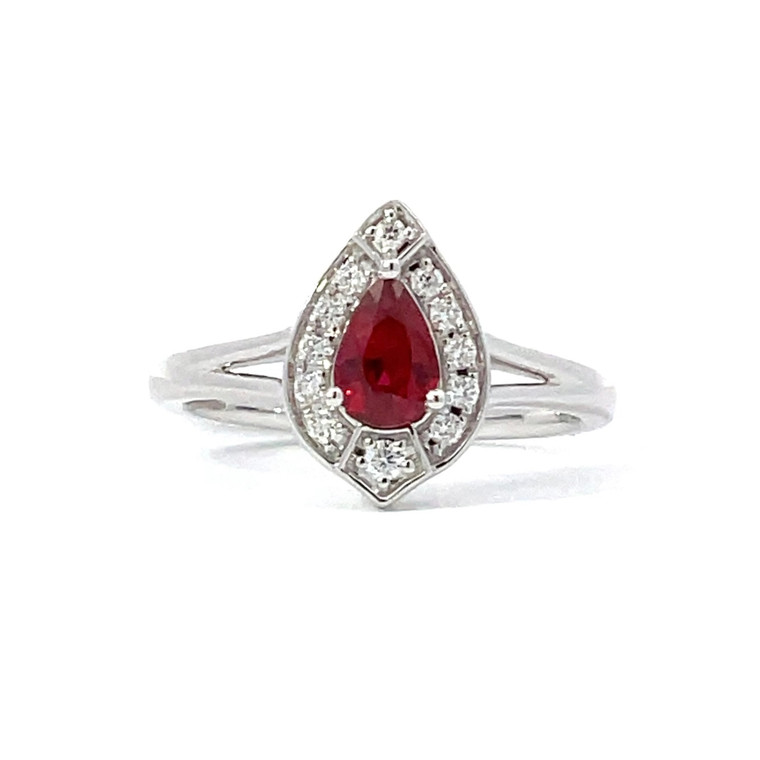 14K W Gold .54 Pear Ruby AP 1/8 CTTW  Round Diamonds Halo Ring Size 6