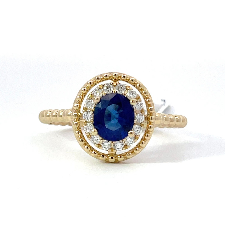 14K Y Gold AP .78 CT Oval Sapphire AP .12 CTTW Round Diamond Halo Ring Size 6.25