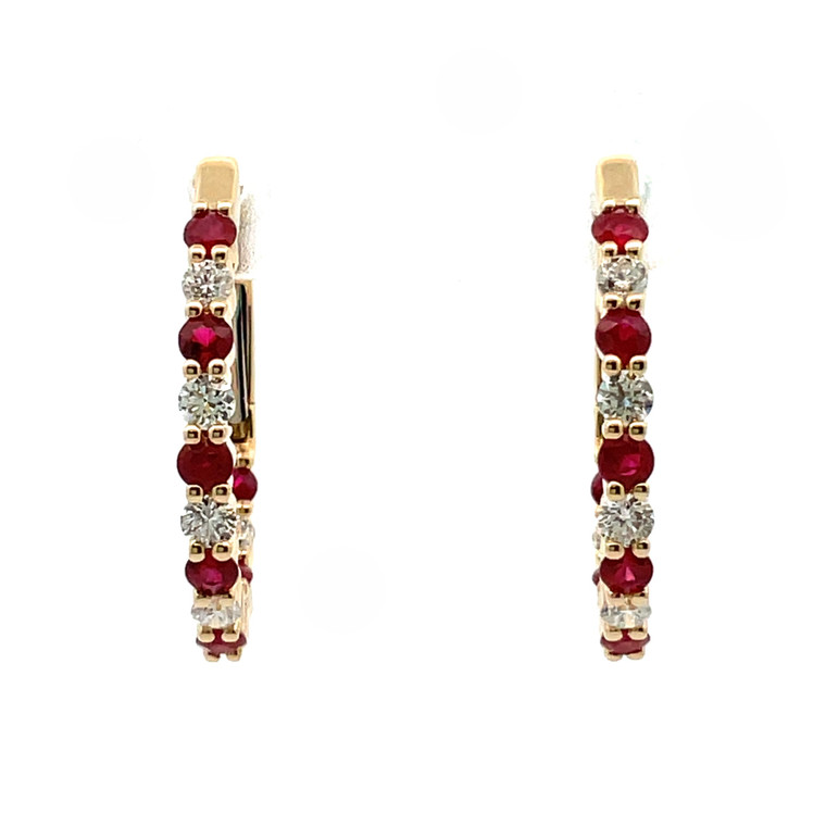 14K Y Gold 3/4CT Ruby 1/2TW Diamond Inside Out Oval Hoop Earrings